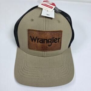 Wrangler Trucker Hat Tan Mesh Snapback Leather Patch Western Cap NEW